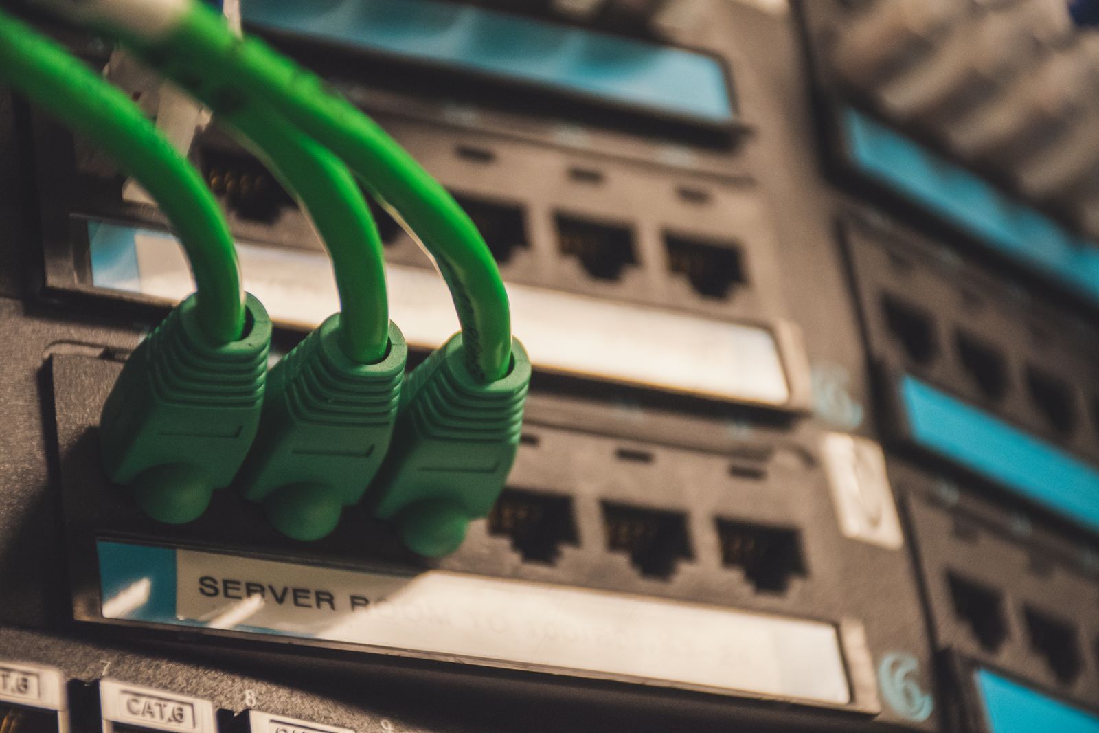 Green network cables plugged into a server panel
